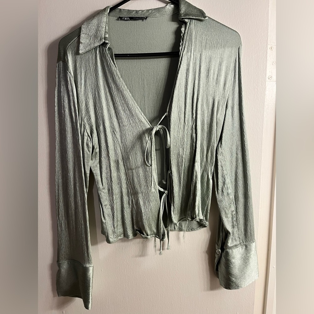 Green long sleeve silky top with ties in the front